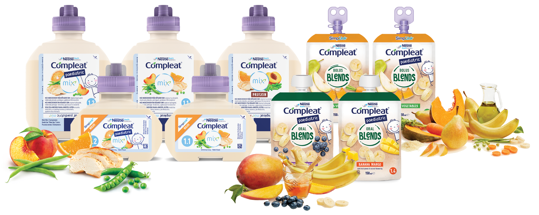Compleat Pediatric-produkter med olika smaker och ingredienser.